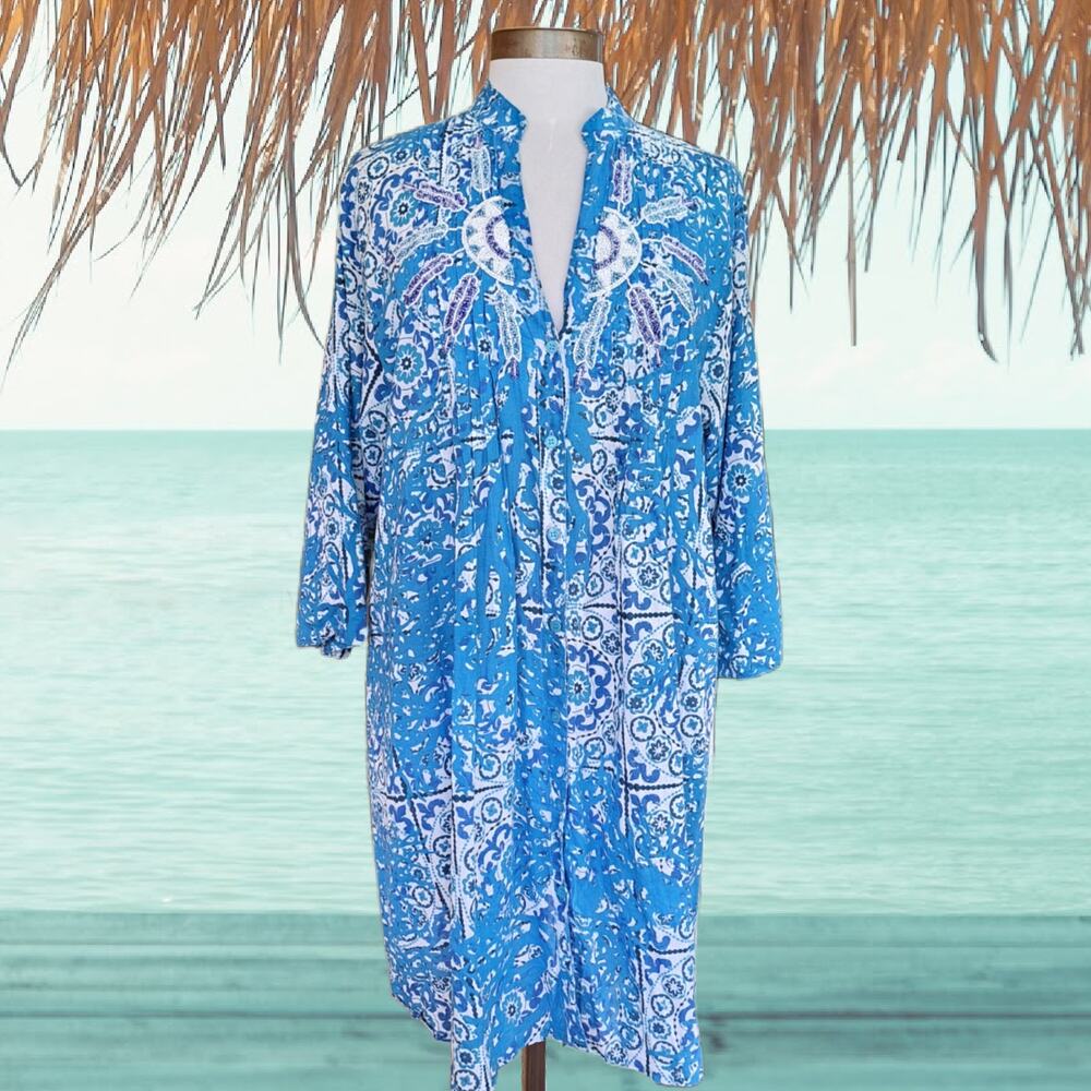 ANTICA SARTORIA Mini Dress L/XL Turquoise Beaded Pintuck Tunic Resort Beach Boho - Picture 2 of 13